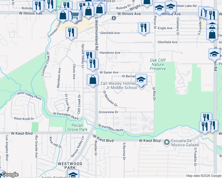 map of restaurants, bars, coffee shops, grocery stores, and more near 3009 Saint Zachary Drive in Dallas