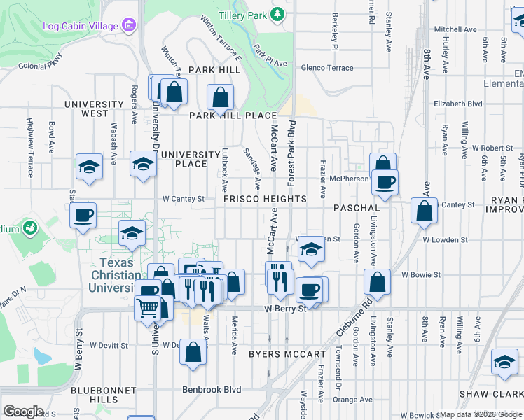 map of restaurants, bars, coffee shops, grocery stores, and more near 2816 Sandage Avenue in Fort Worth