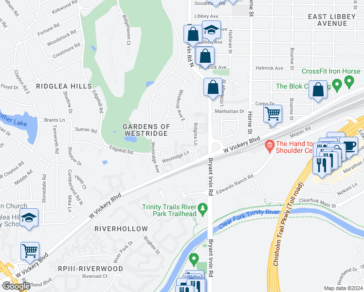 map of restaurants, bars, coffee shops, grocery stores, and more near 6016 Westridge Lane in Fort Worth