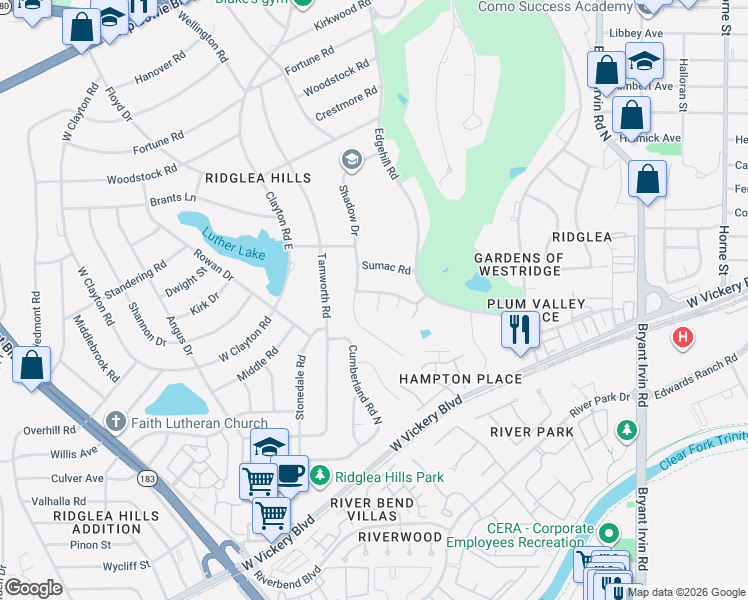 map of restaurants, bars, coffee shops, grocery stores, and more near 4137 Shadow Drive in Fort Worth