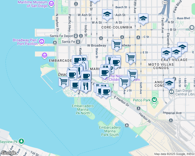map of restaurants, bars, coffee shops, grocery stores, and more near 500 West Harbor Drive in San Diego