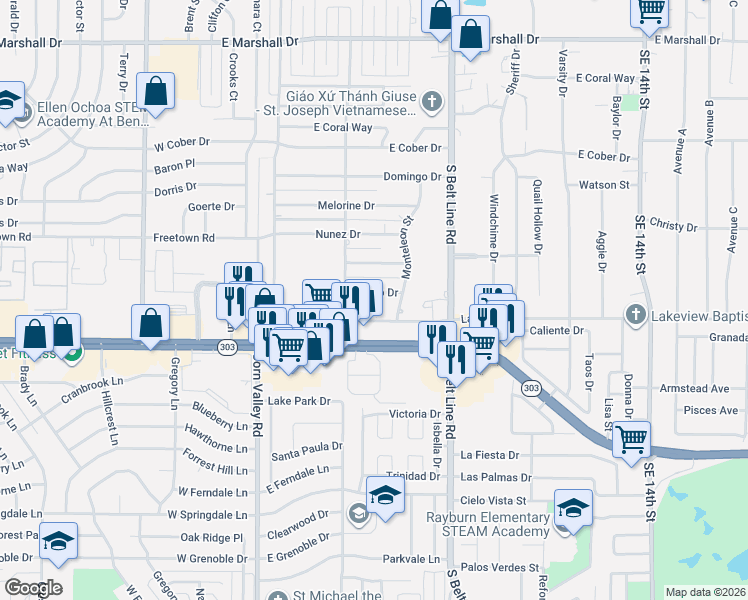 map of restaurants, bars, coffee shops, grocery stores, and more near 316 Lakeview Drive in Grand Prairie