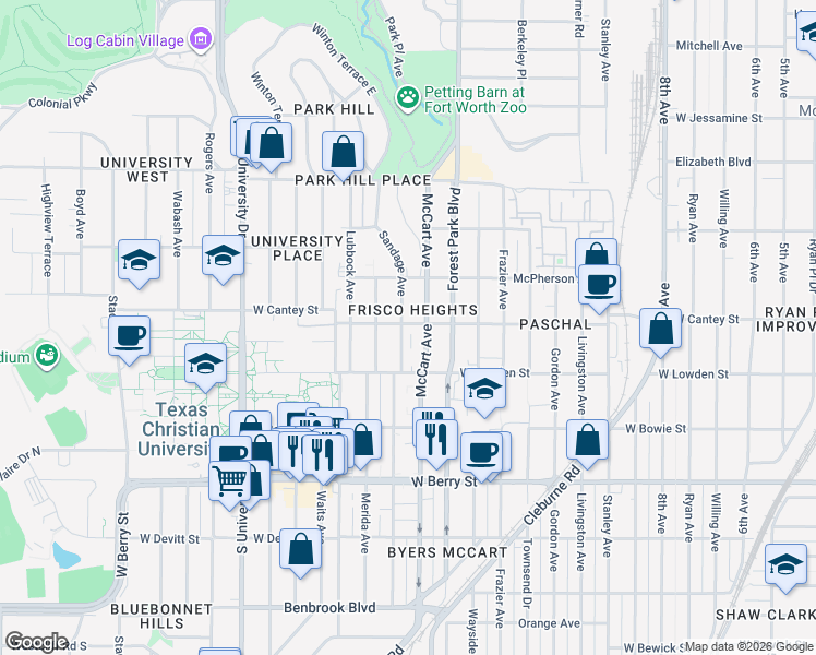 map of restaurants, bars, coffee shops, grocery stores, and more near 2511 West Cantey Street in Fort Worth