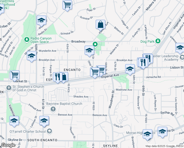 map of restaurants, bars, coffee shops, grocery stores, and more near 520 65th Street in San Diego
