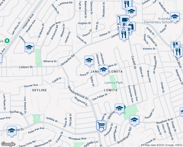 map of restaurants, bars, coffee shops, grocery stores, and more near 725 Rytko Street in San Diego