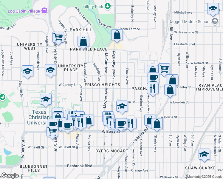 map of restaurants, bars, coffee shops, grocery stores, and more near 2800 Forest Park Boulevard in Fort Worth