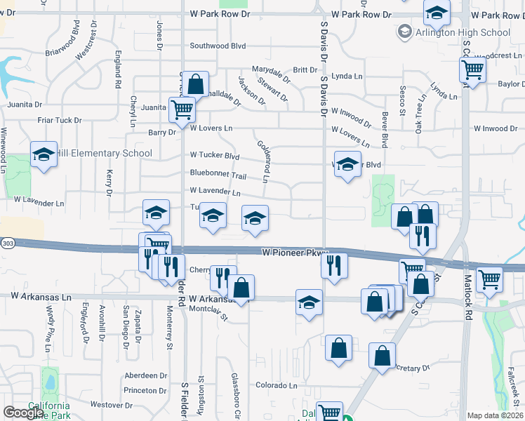 map of restaurants, bars, coffee shops, grocery stores, and more near 1308 Columbine Court in Arlington