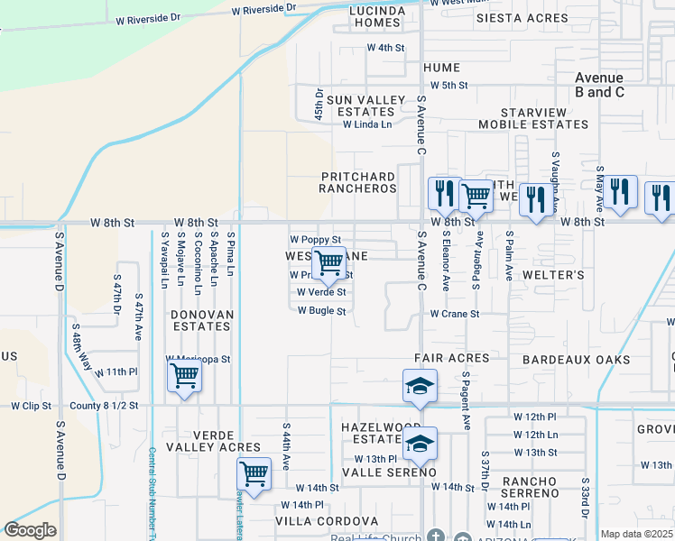 map of restaurants, bars, coffee shops, grocery stores, and more near 4200-4398 W Verde St in Yuma