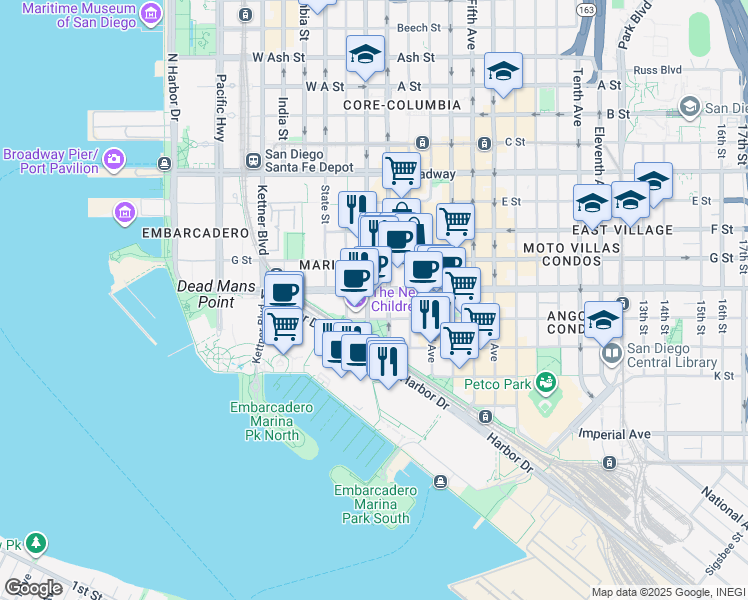 map of restaurants, bars, coffee shops, grocery stores, and more near 555 Front Street in San Diego