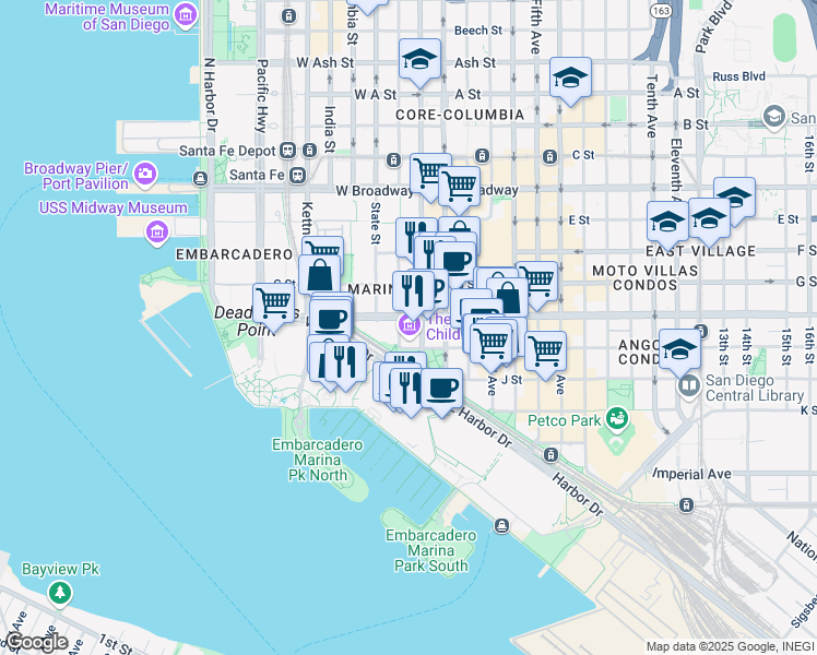 map of restaurants, bars, coffee shops, grocery stores, and more near in San Diego