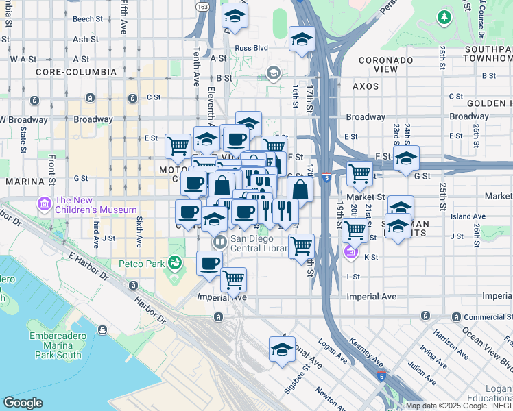 map of restaurants, bars, coffee shops, grocery stores, and more near 550 14th Street in San Diego