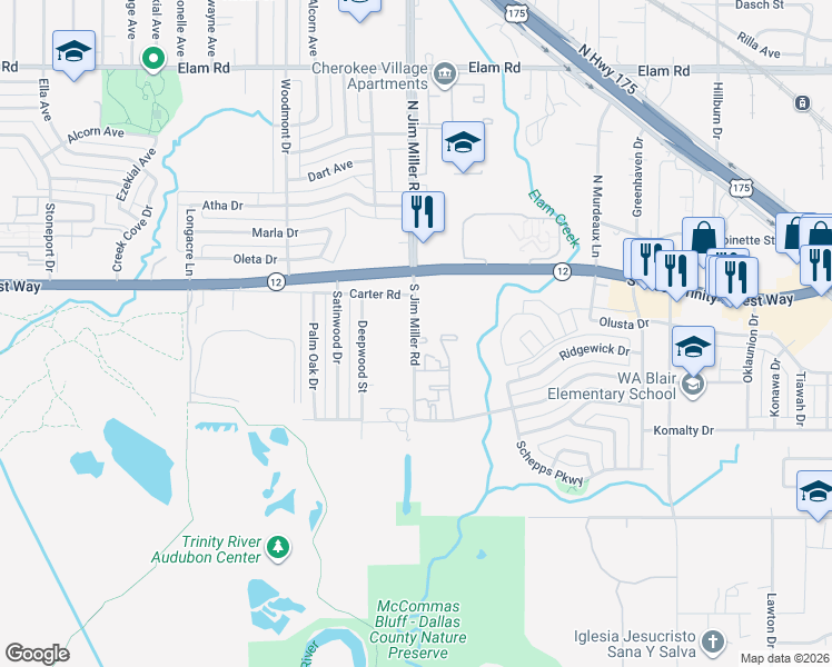 map of restaurants, bars, coffee shops, grocery stores, and more near 215 South Jim Miller Road in Dallas