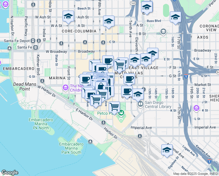 map of restaurants, bars, coffee shops, grocery stores, and more near 575 Sixth Avenue in San Diego