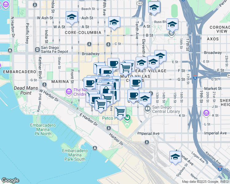 map of restaurants, bars, coffee shops, grocery stores, and more near 602 Island Avenue in San Diego