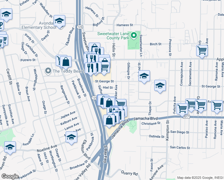 map of restaurants, bars, coffee shops, grocery stores, and more near 8725 Kelso Street in Spring Valley