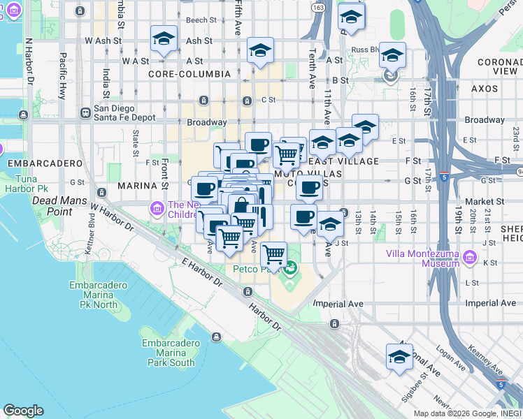 map of restaurants, bars, coffee shops, grocery stores, and more near 575 6th Avenue in San Diego