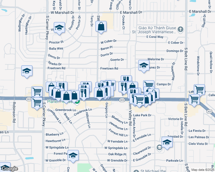map of restaurants, bars, coffee shops, grocery stores, and more near 2345 Southwest 3rd Street in Grand Prairie