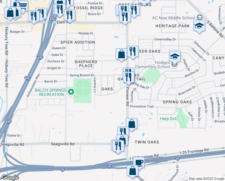 map of restaurants, bars, coffee shops, grocery stores, and more near 4311 Alicia Lane in Balch Springs