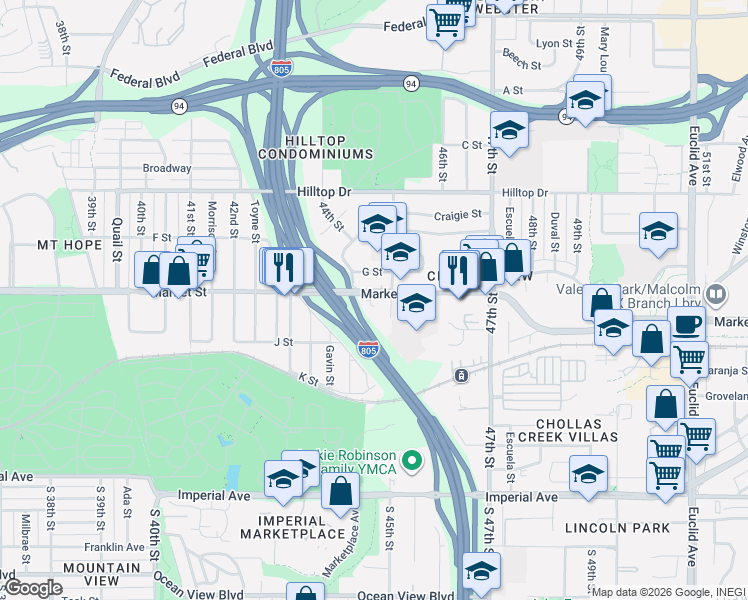 map of restaurants, bars, coffee shops, grocery stores, and more near 4467 Market Street in San Diego
