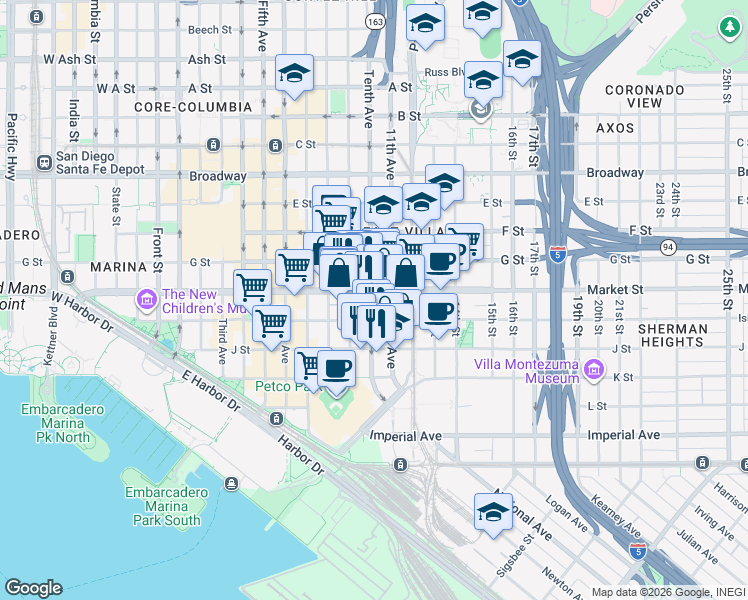 map of restaurants, bars, coffee shops, grocery stores, and more near 527 Tenth Avenue in San Diego