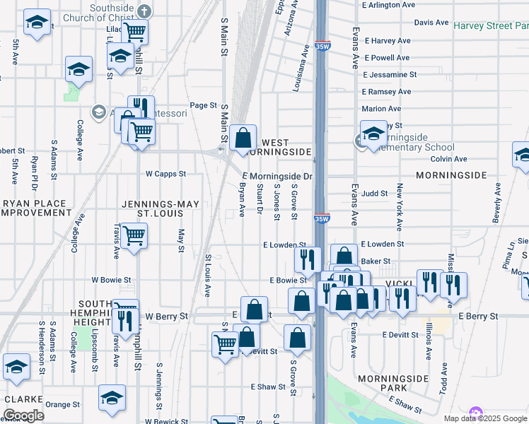 map of restaurants, bars, coffee shops, grocery stores, and more near 2801 Stuart Drive in Fort Worth