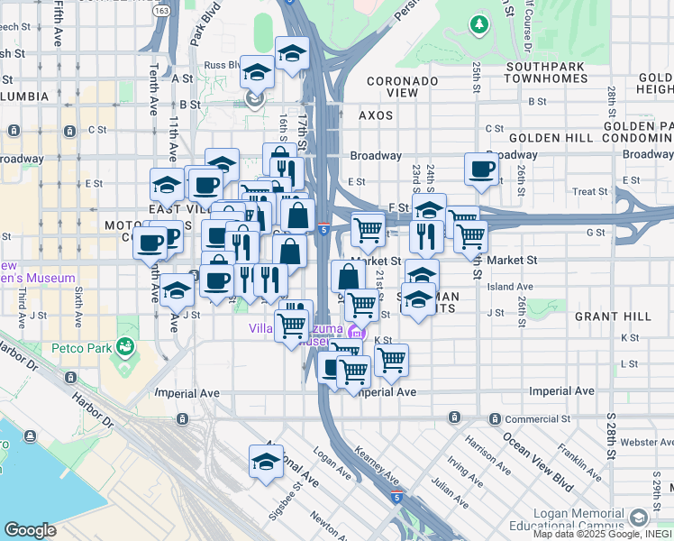 map of restaurants, bars, coffee shops, grocery stores, and more near 1800 Island Avenue in San Diego