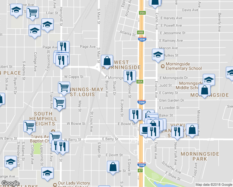 map of restaurants, bars, coffee shops, grocery stores, and more near 2801 Stuart Drive in Fort Worth