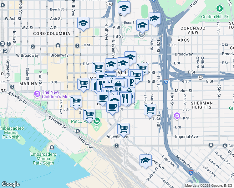 map of restaurants, bars, coffee shops, grocery stores, and more near in San Diego