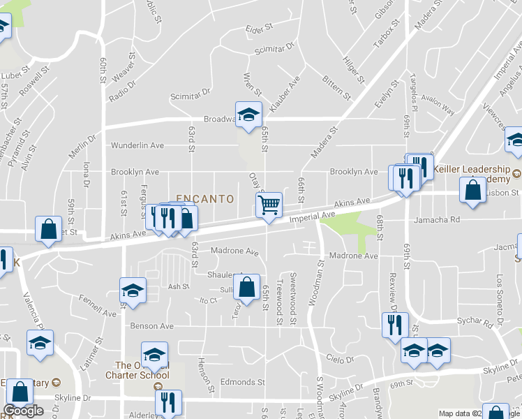 map of restaurants, bars, coffee shops, grocery stores, and more near 6493 Imperial Avenue in San Diego