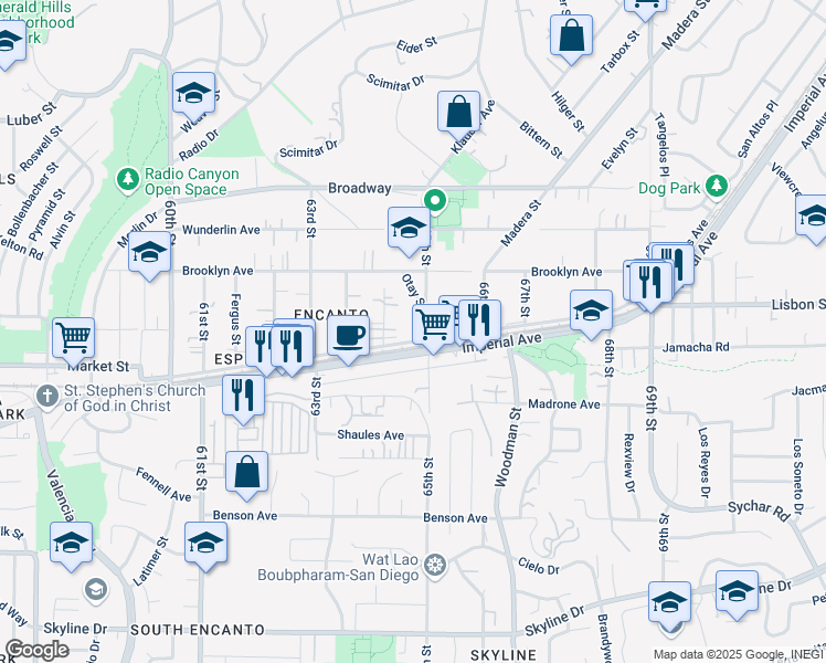 map of restaurants, bars, coffee shops, grocery stores, and more near 6493 Imperial Avenue in San Diego