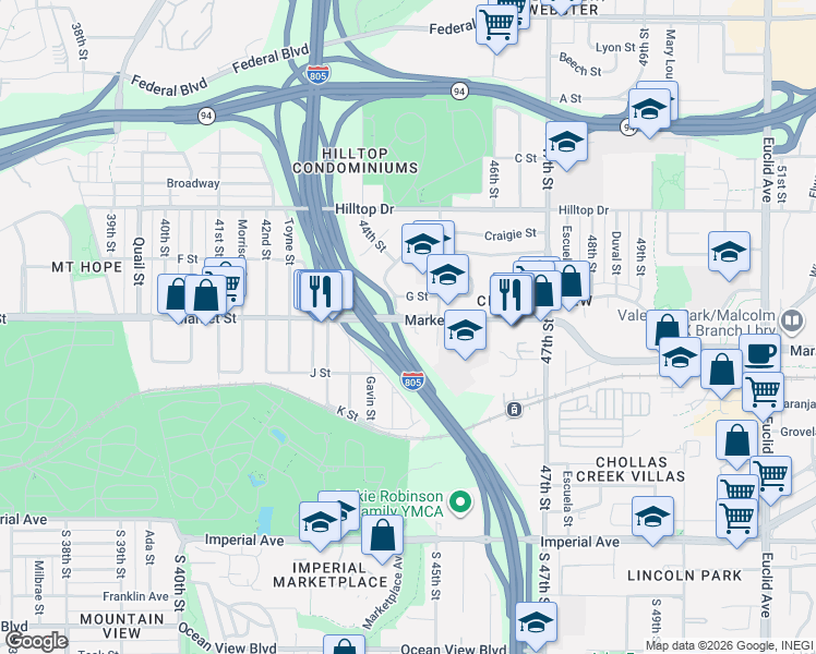 map of restaurants, bars, coffee shops, grocery stores, and more near 4455 Market Street in San Diego
