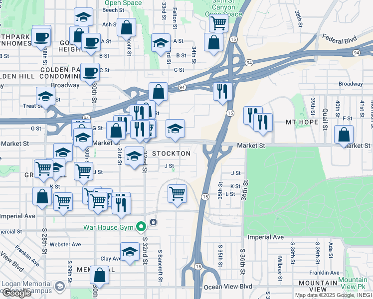 map of restaurants, bars, coffee shops, grocery stores, and more near 452 34th Street in San Diego