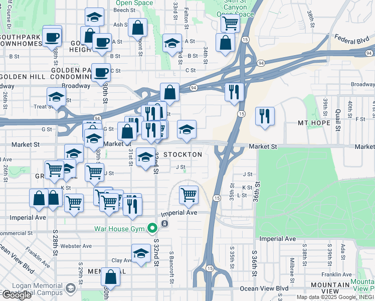 map of restaurants, bars, coffee shops, grocery stores, and more near 3274 J Street in San Diego