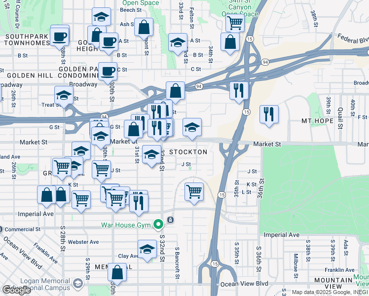 map of restaurants, bars, coffee shops, grocery stores, and more near 3274 J Street in San Diego