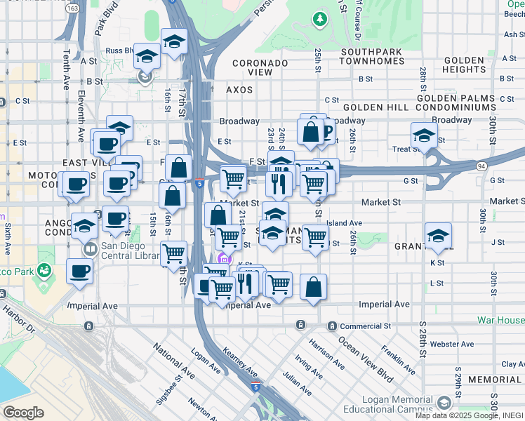 map of restaurants, bars, coffee shops, grocery stores, and more near 2200 Island Avenue in San Diego