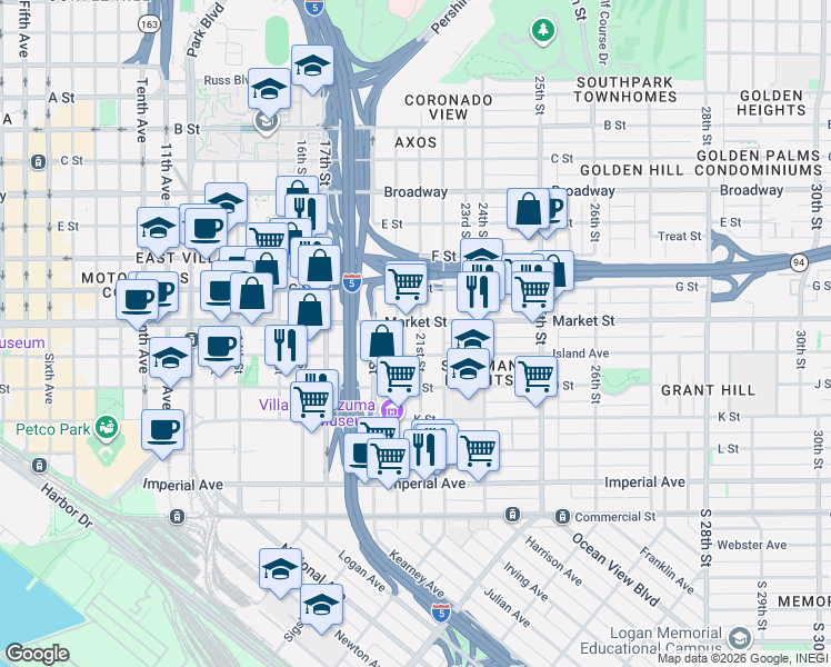 map of restaurants, bars, coffee shops, grocery stores, and more near 2017 Island Avenue in San Diego