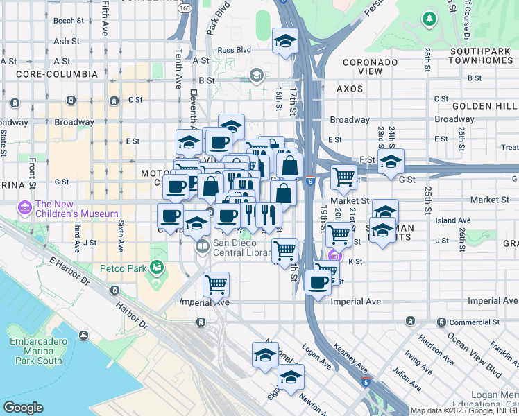map of restaurants, bars, coffee shops, grocery stores, and more near 1501 Island Avenue in San Diego