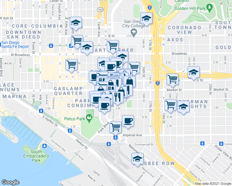 map of restaurants, bars, coffee shops, grocery stores, and more near in San Diego