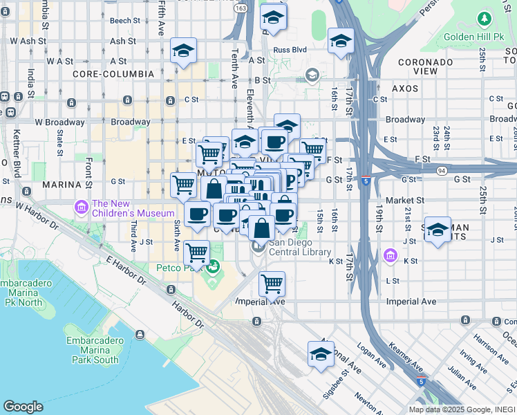 map of restaurants, bars, coffee shops, grocery stores, and more near in San Diego
