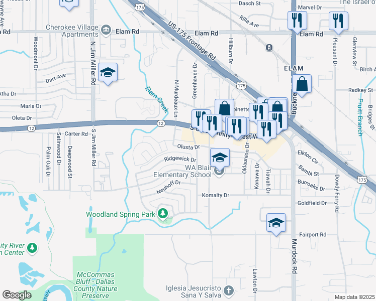map of restaurants, bars, coffee shops, grocery stores, and more near 223 Forsythe Drive in Dallas