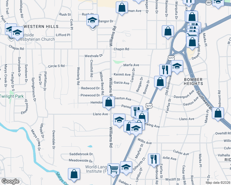 map of restaurants, bars, coffee shops, grocery stores, and more near 7829 Gaston Avenue in Fort Worth