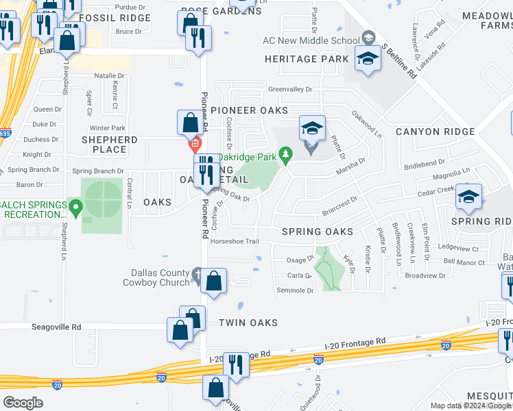map of restaurants, bars, coffee shops, grocery stores, and more near 4305 Mohawk Drive in Balch Springs