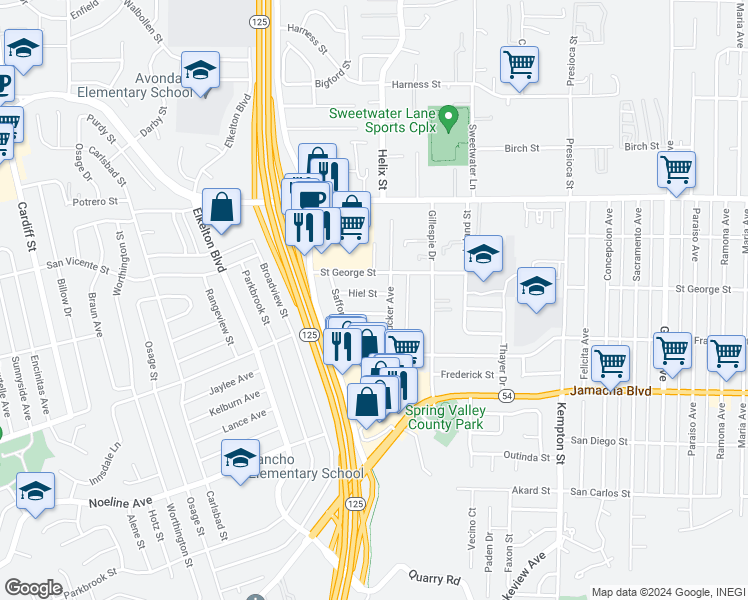 map of restaurants, bars, coffee shops, grocery stores, and more near 8767 Hiel Street in Spring Valley