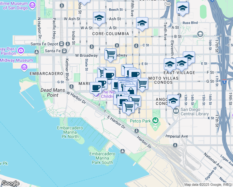 map of restaurants, bars, coffee shops, grocery stores, and more near 516 Fifth Avenue in San Diego