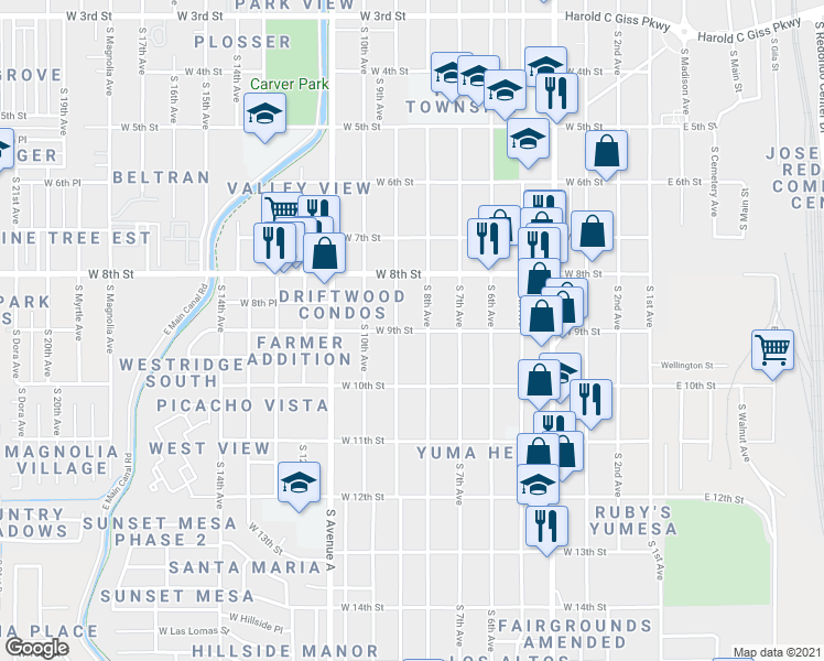 map of restaurants, bars, coffee shops, grocery stores, and more near 853 West 9th Street in Yuma