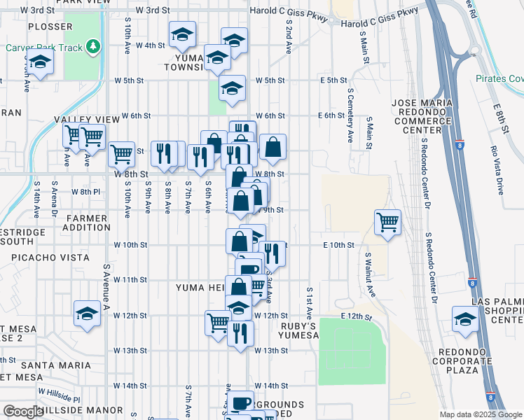 map of restaurants, bars, coffee shops, grocery stores, and more near 334 West 9th Street in Yuma