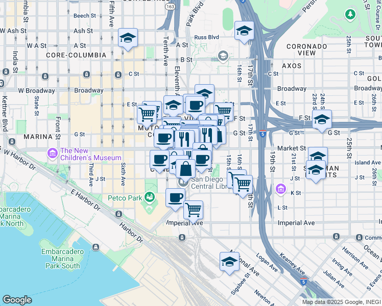 map of restaurants, bars, coffee shops, grocery stores, and more near 555 Park Boulevard in San Diego