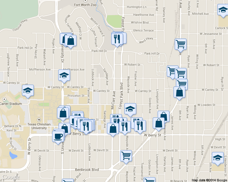 map of restaurants, bars, coffee shops, grocery stores, and more near McCart Ave & W Cantey St in Fort Worth