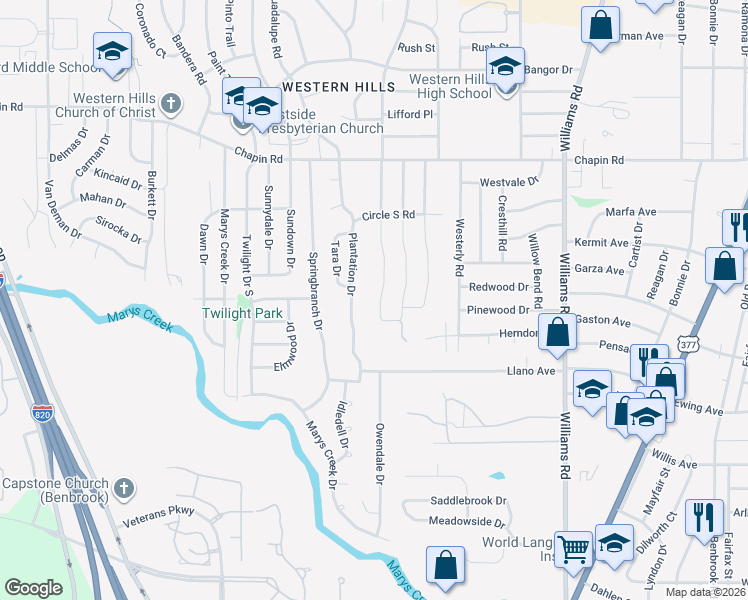 map of restaurants, bars, coffee shops, grocery stores, and more near 4016 Bendale Road in Benbrook