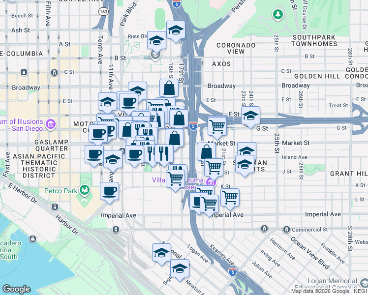 map of restaurants, bars, coffee shops, grocery stores, and more near 505 17th Street in San Diego